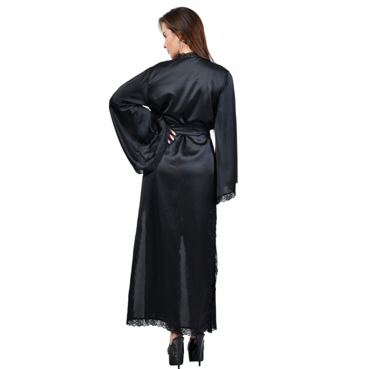 Peignoir long satin dentelle noire