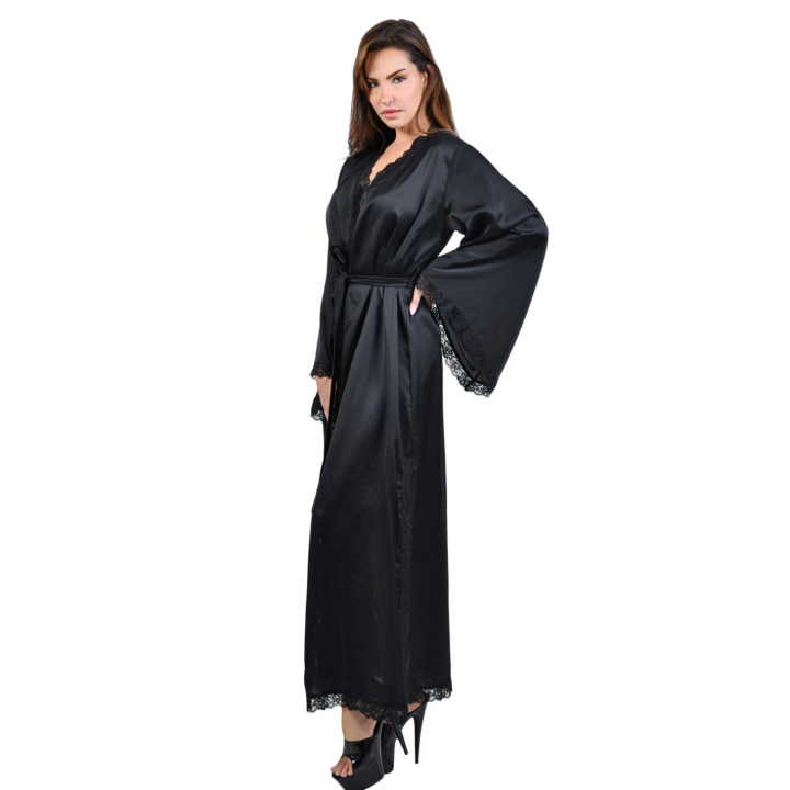 Peignoir long satin dentelle noire