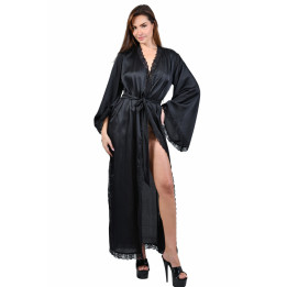 Peignoir long satin dentelle noire
