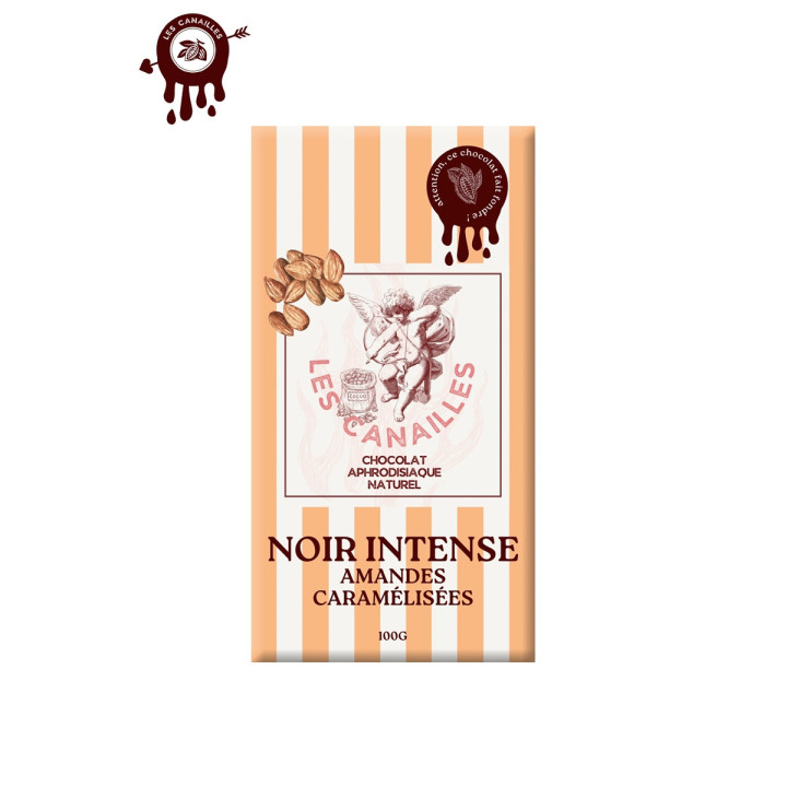 Tablette chocolat aphrodisiaque • Noir, Amandes caramélisées • 100g