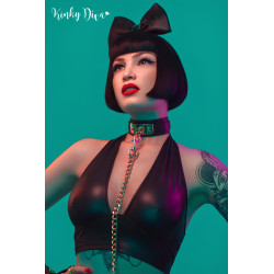 Collier noir plaque dorée & Laisse mousqueton doré