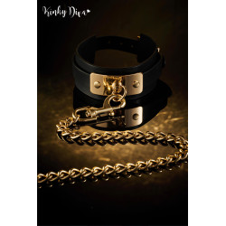 Collier noir plaque dorée & Laisse mousqueton doré