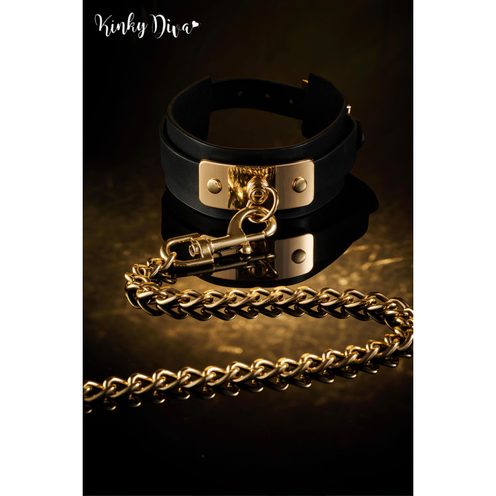 Collier noir plaque dorée & Laisse mousqueton doré